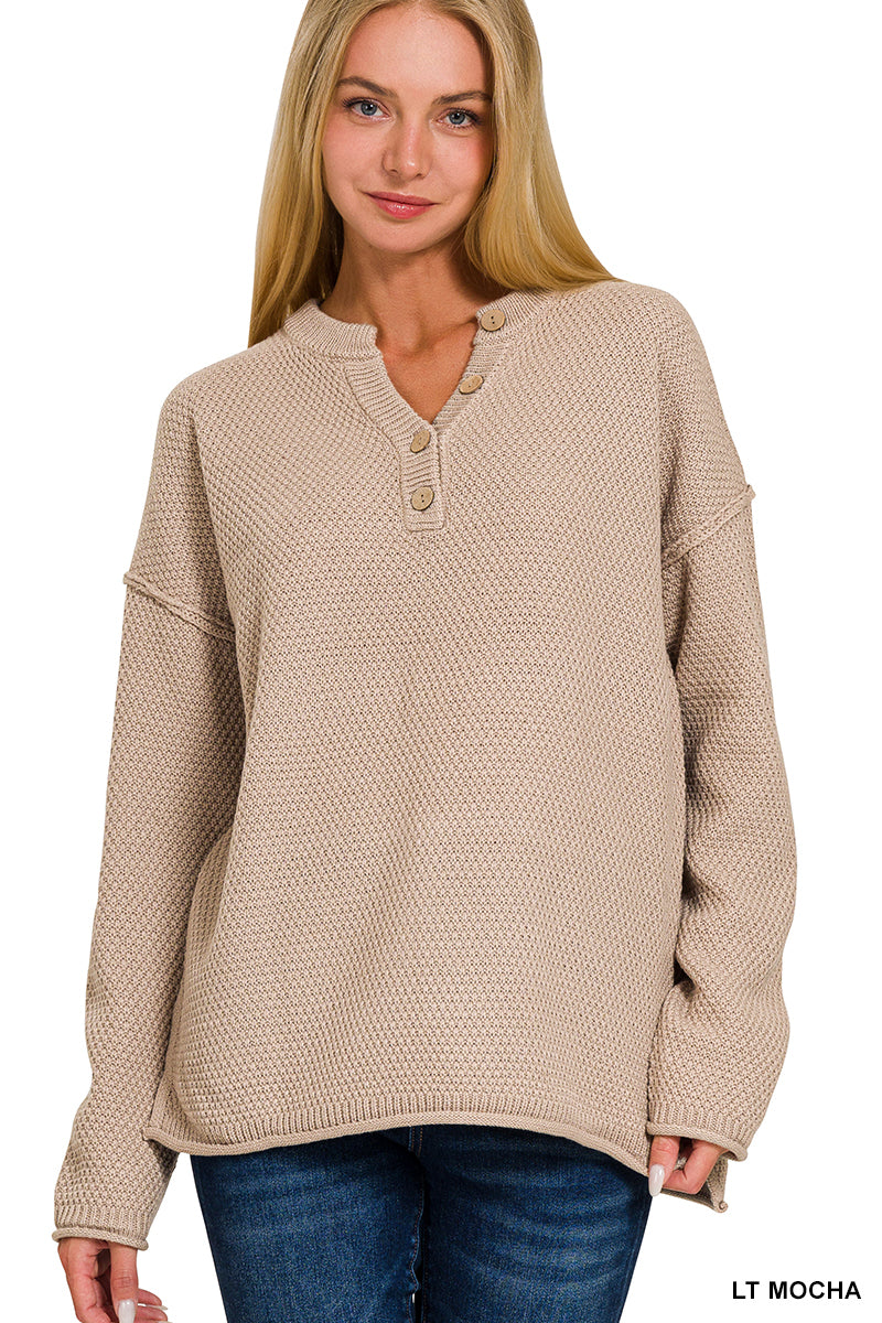 4-Button Light Mocha Henley Sweater