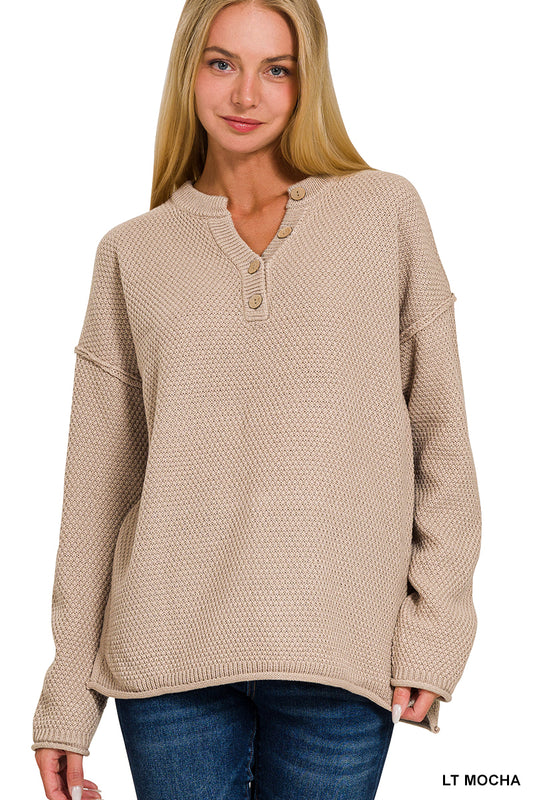 4-Button Light Mocha Henley Sweater