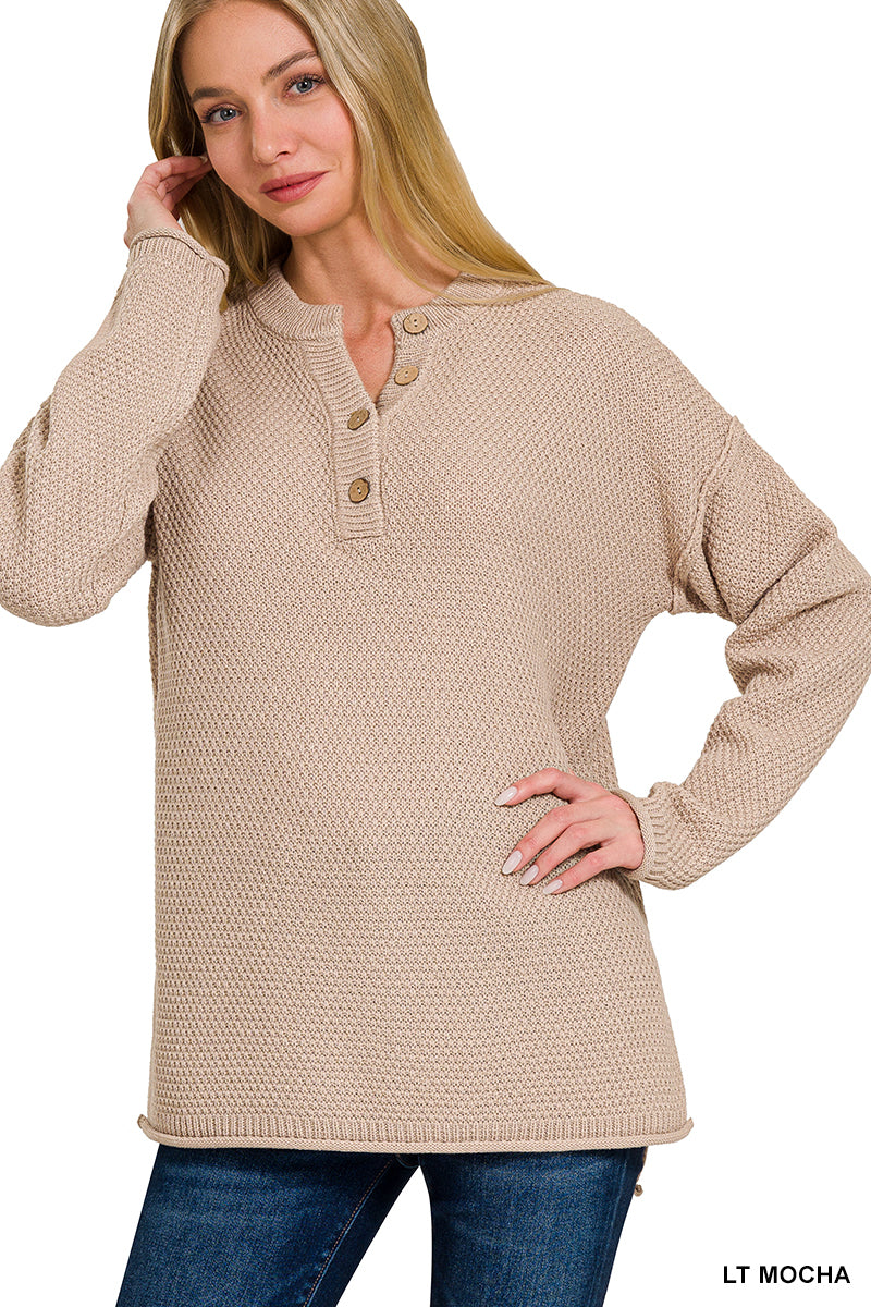 4-Button Light Mocha Henley Sweater