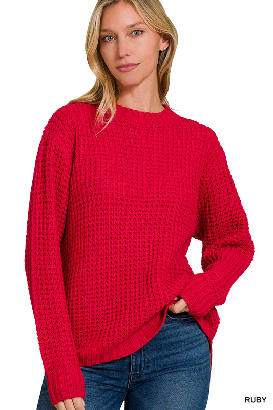 Hi-Low Long Sleeve Waffle Sweater