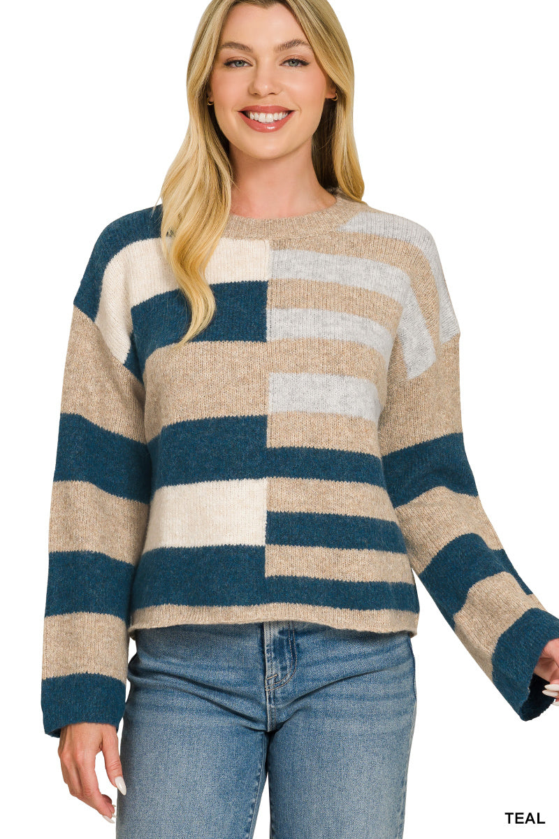 Teal Striped Colorblock Sweater