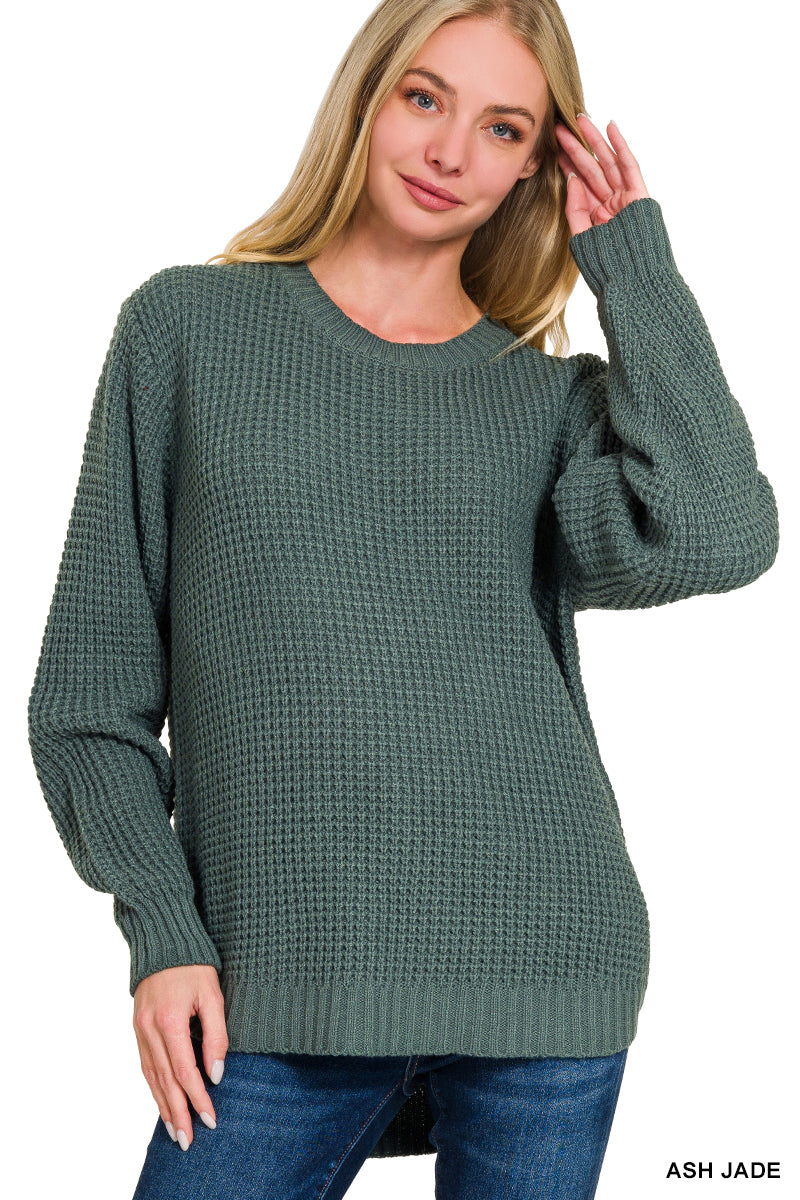 Hi-Low Round Neck Waffle Sweater--Ash Jade