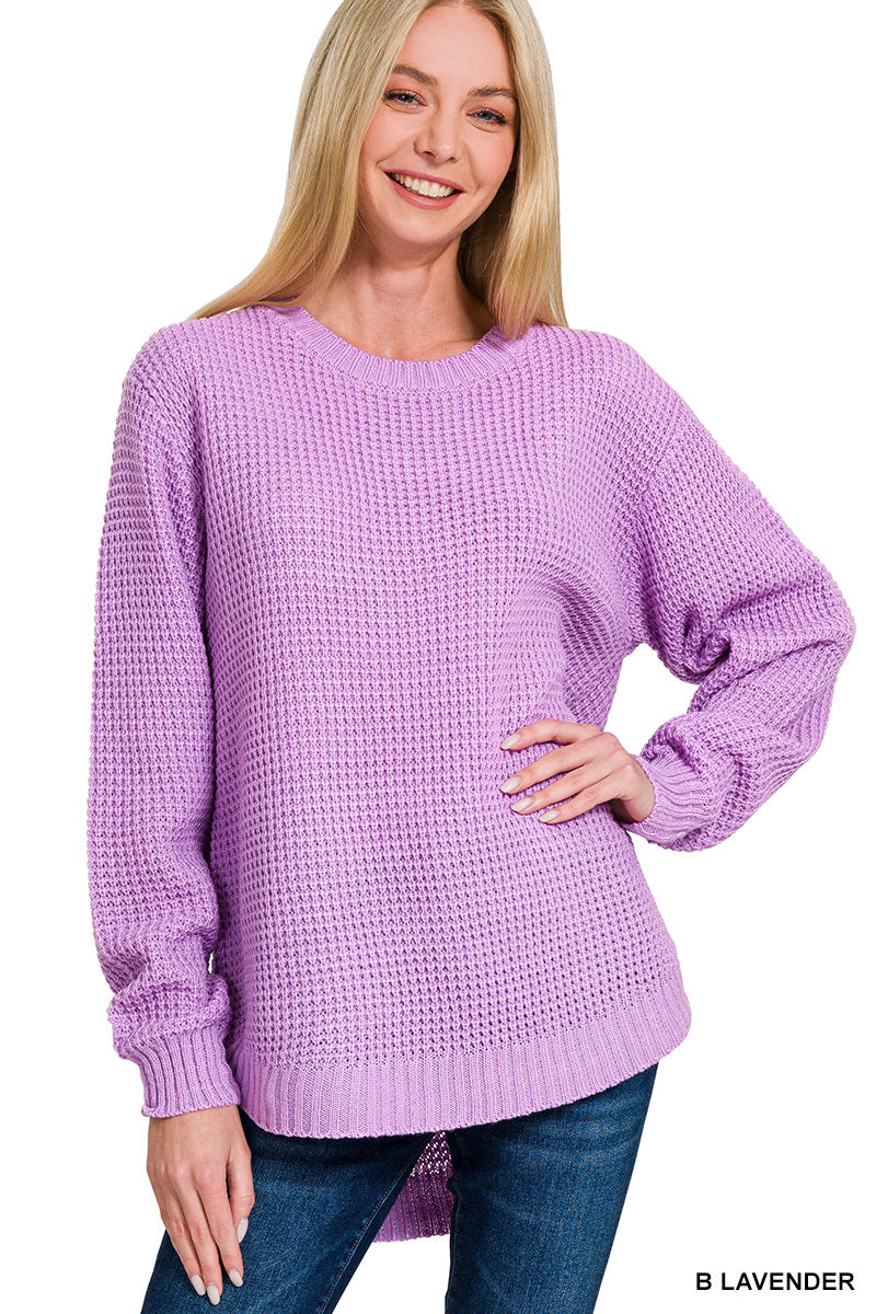 Lavender Hi-low Round Neck Waffle Sweater