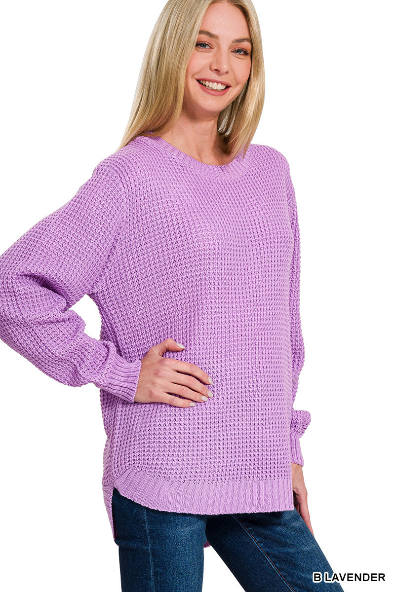 Lavender Hi-low Round Neck Waffle Sweater