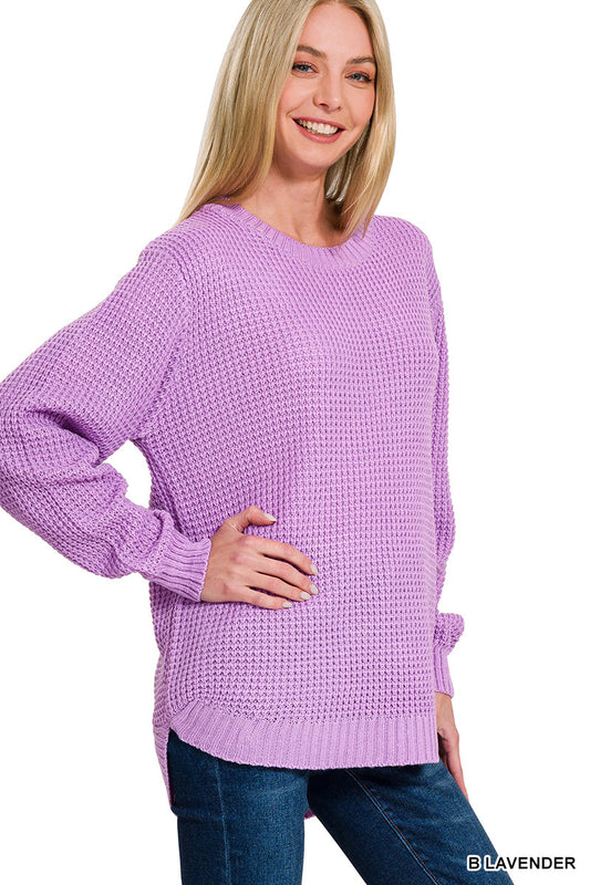 Lavender Hi-low Round Neck Waffle Sweater