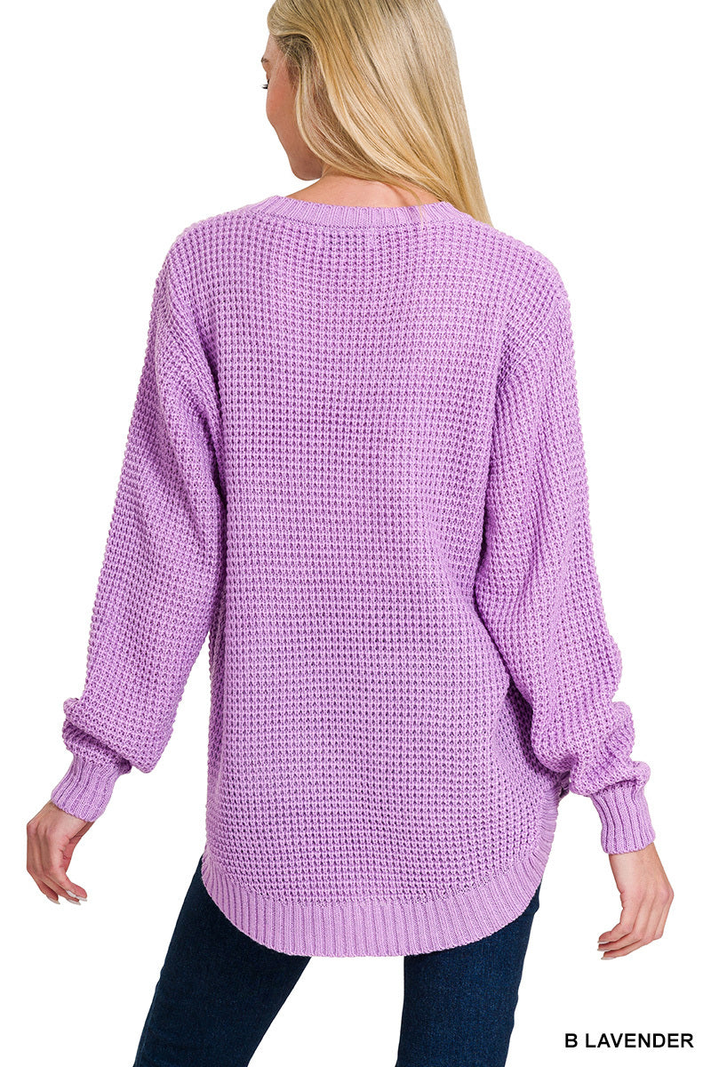 Lavender Hi-low Round Neck Waffle Sweater