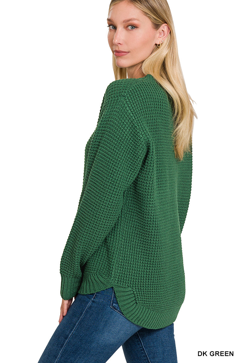 Dark Green Hi-low Round Neck Waffle Sweater