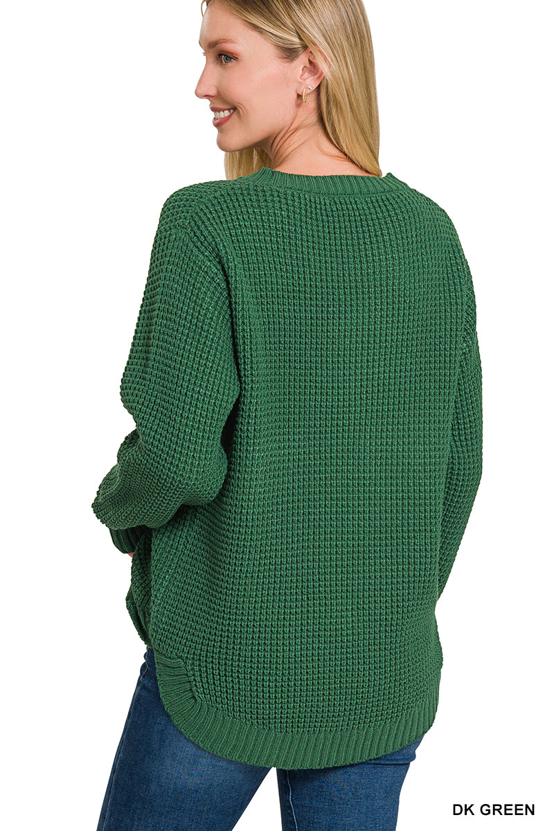 Dark Green Hi-low Round Neck Waffle Sweater