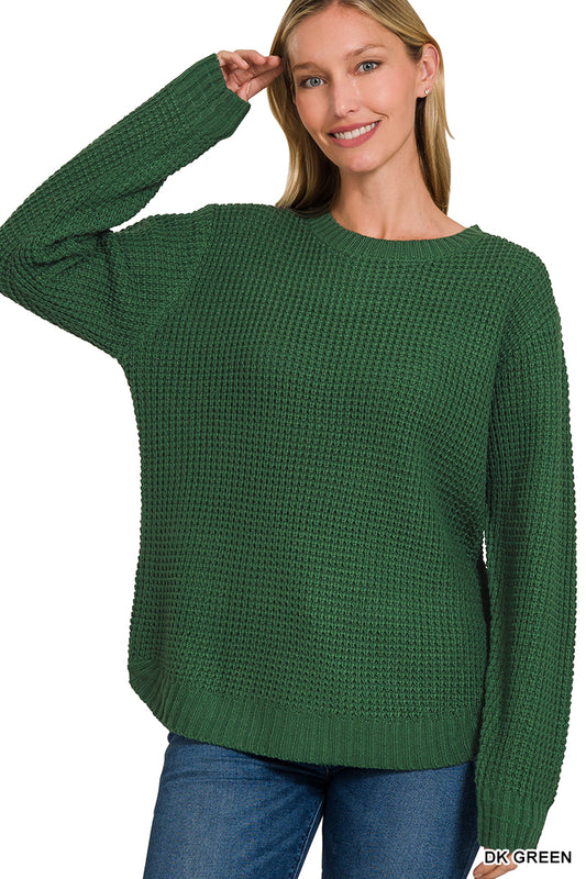 Dark Green Hi-low Round Neck Waffle Sweater