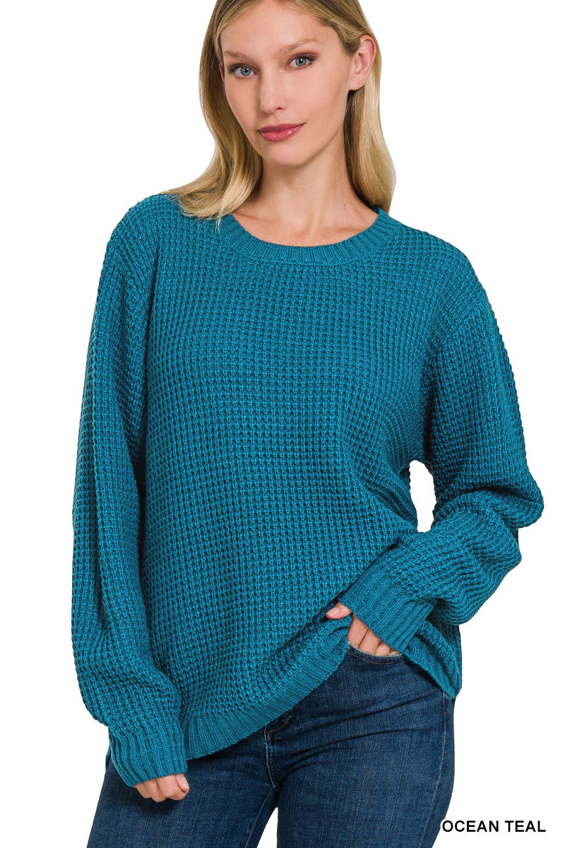 Hi-Low Round Neck Waffle Sweater--Ocean Teal