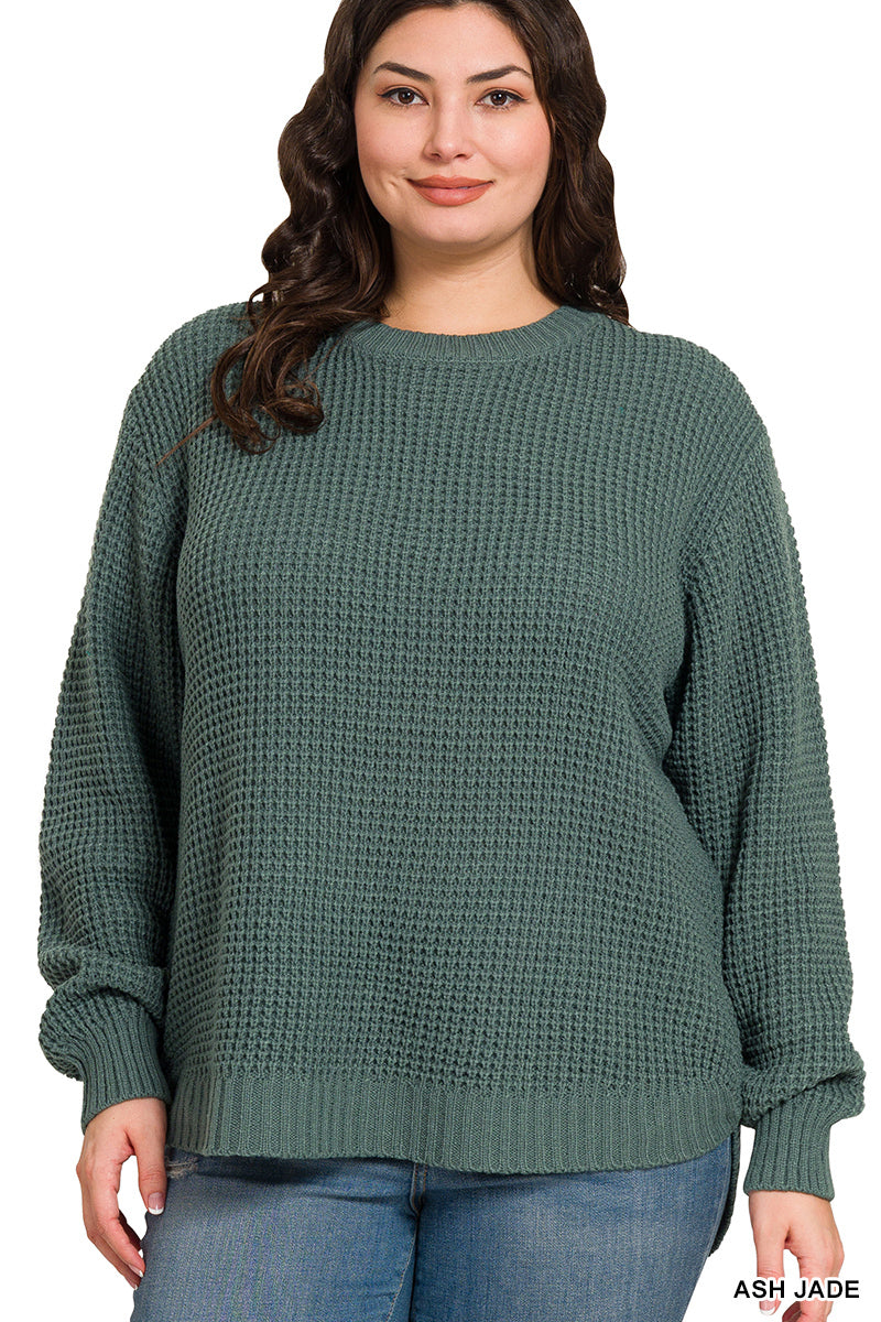 Hi-Low Round Neck Waffle Sweater--Ash Jade