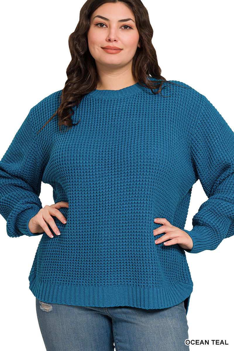 Hi-Low Round Neck Waffle Sweater--Ocean Teal