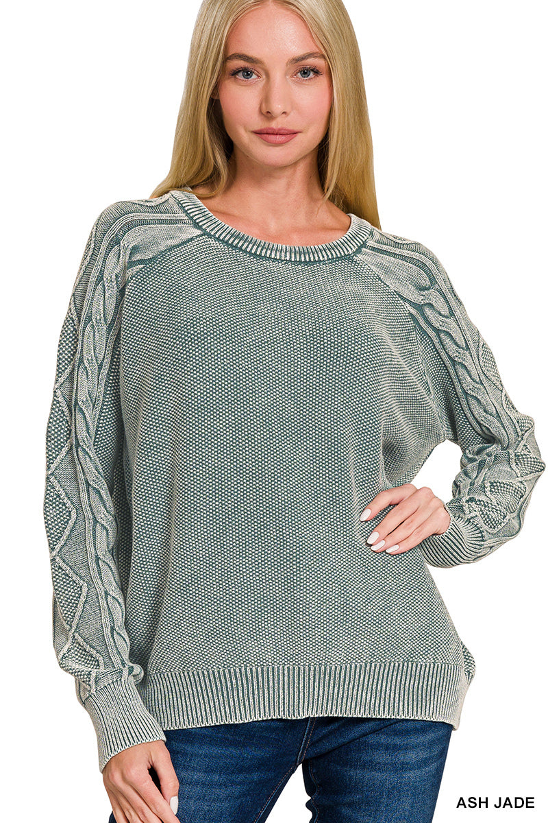 Ash Jade Stone Washed Cable Knit Crewneck Sweater