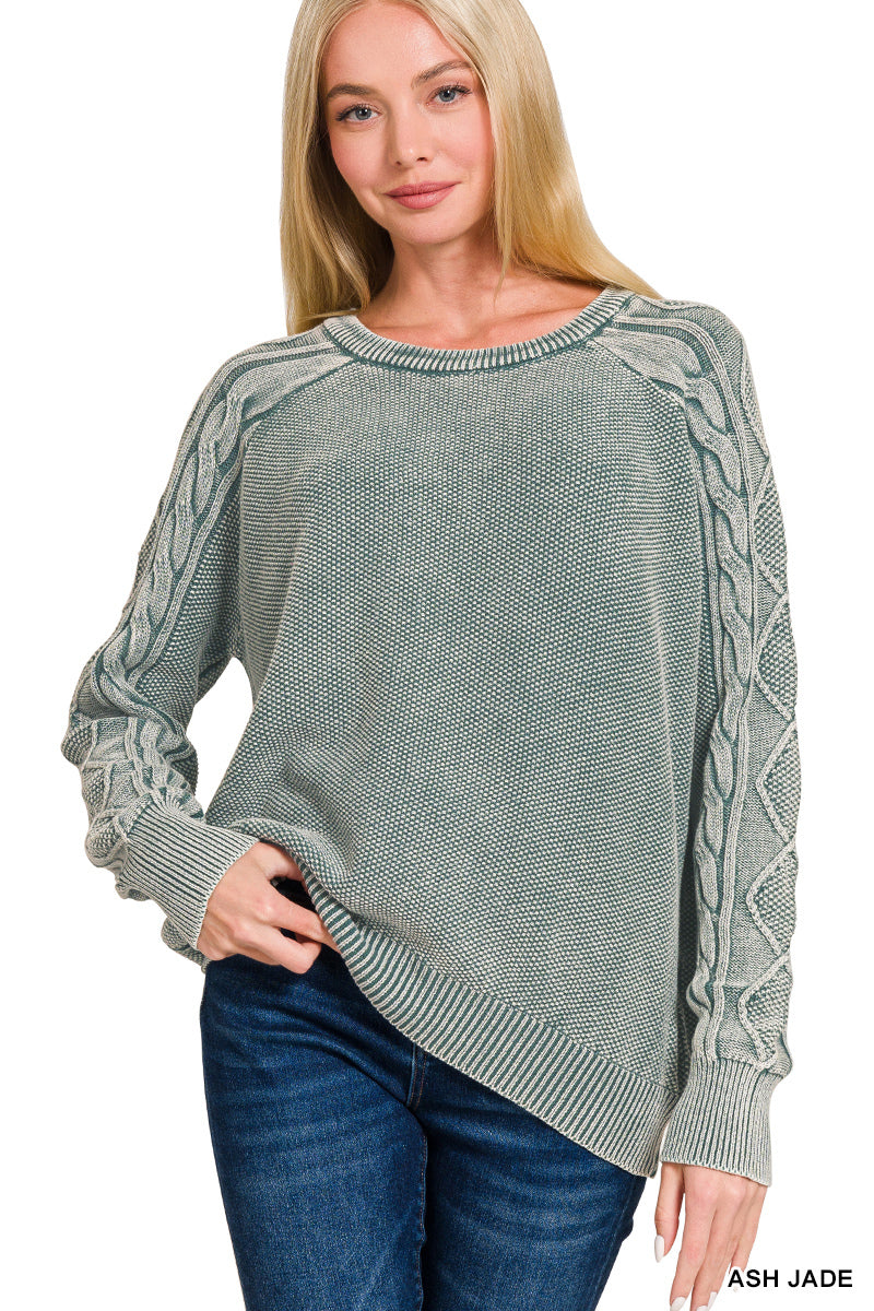 Ash Jade Stone Washed Cable Knit Crewneck Sweater