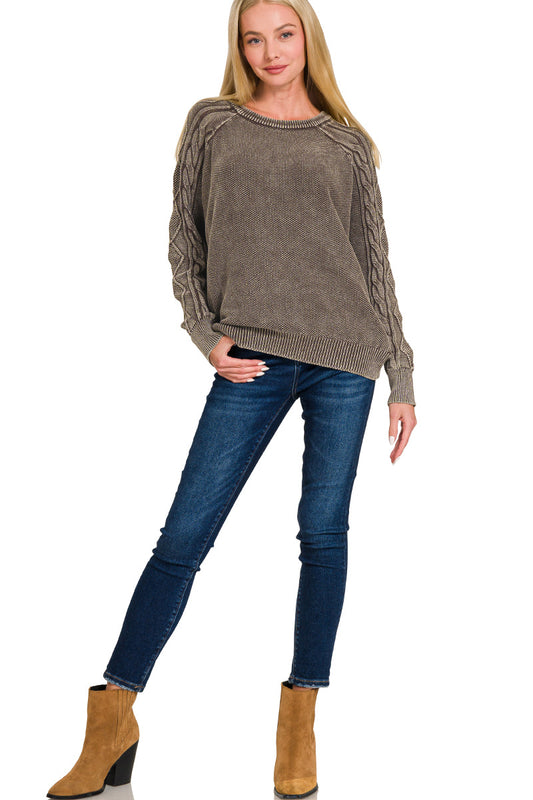 Stone Washed Cable Knit Crewneck Sweater