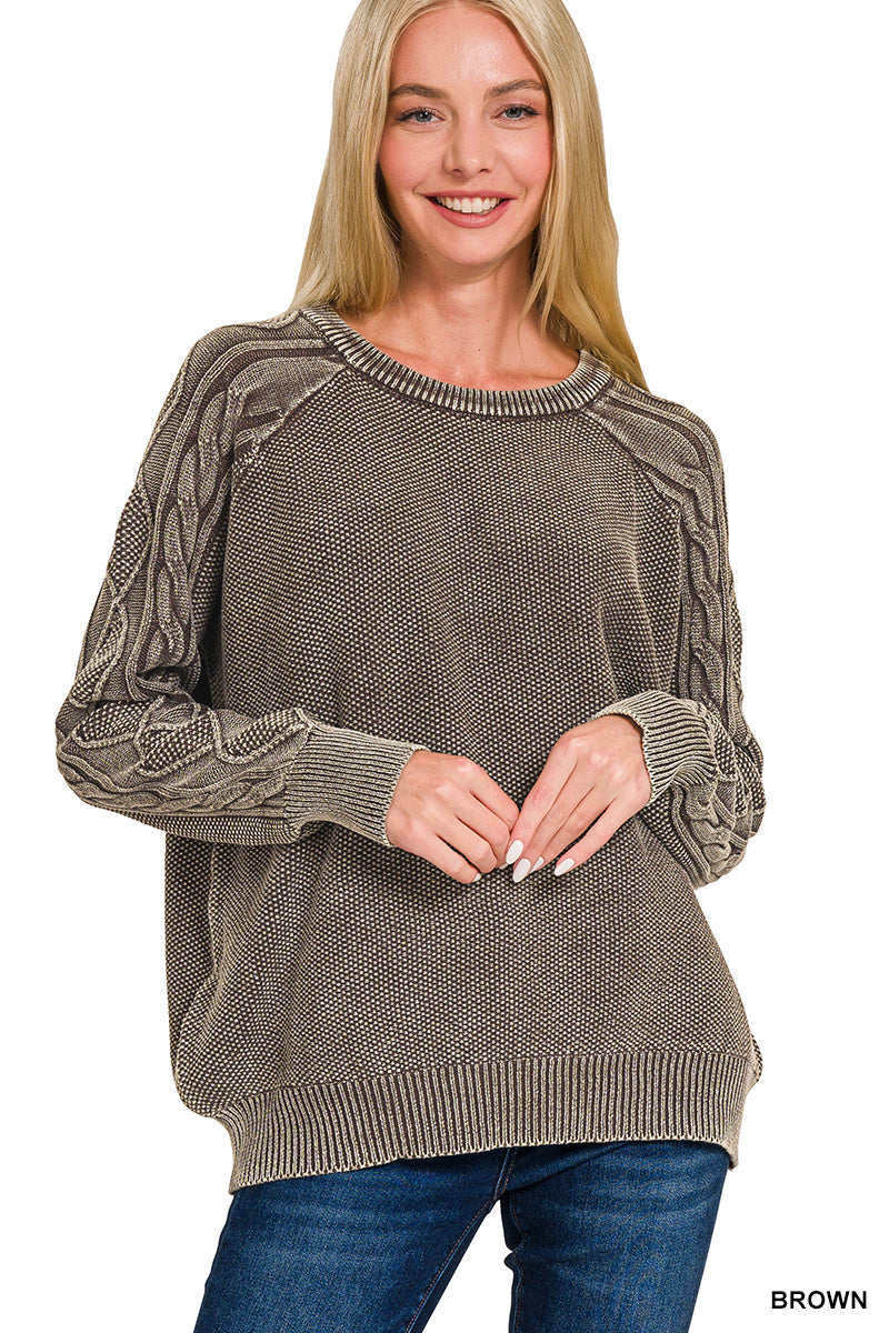 Stone Washed Cable Knit Crewneck Sweater