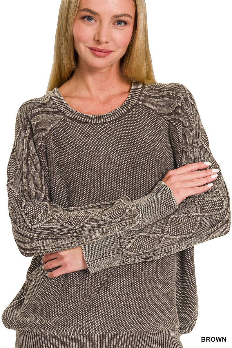 Stone Washed Cable Knit Crewneck Sweater