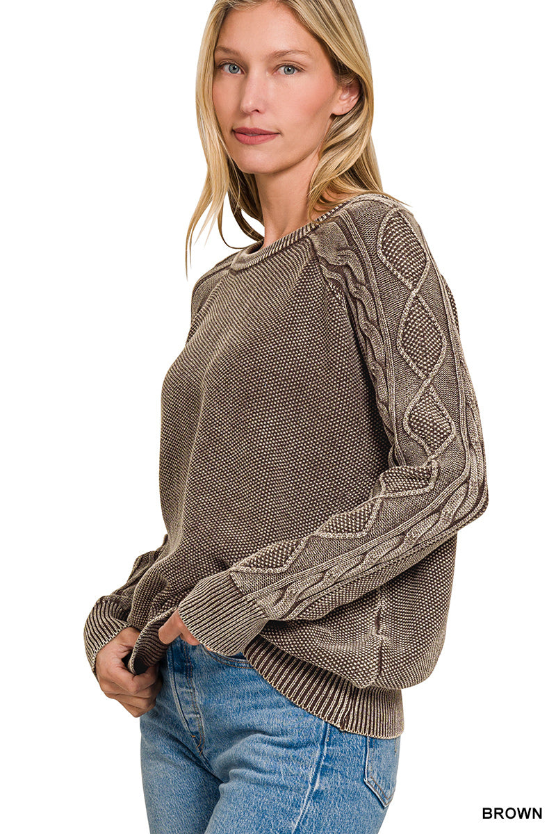 Stone Washed Cable Knit Crewneck Sweater