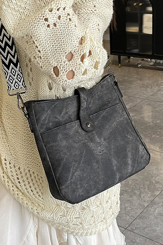 Black Distressed Faux Leather Crossbody Messenger Bag