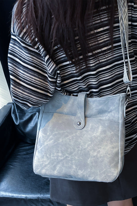 Blue Grey Distressed Faux Leather Crossbody Messenger Bag
