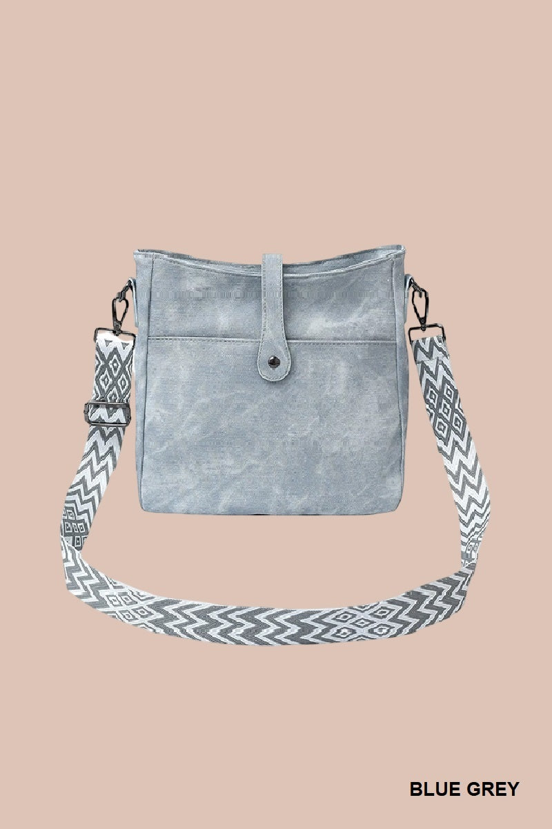 Blue Grey Distressed Faux Leather Crossbody Messenger Bag