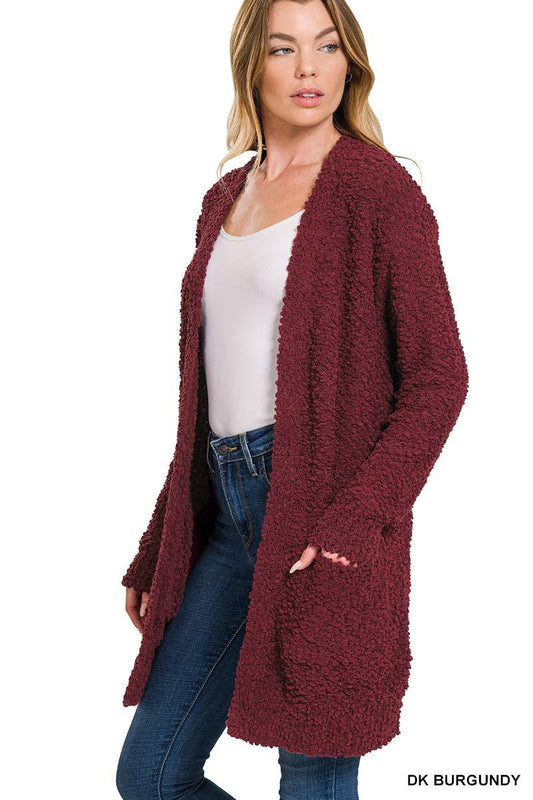 Popcorn Cardigan With Pockets--Dark Burgundy RTS