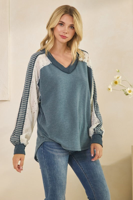 Vintage Teal Multi Fabric Contrast Sleeve V Neck Top
