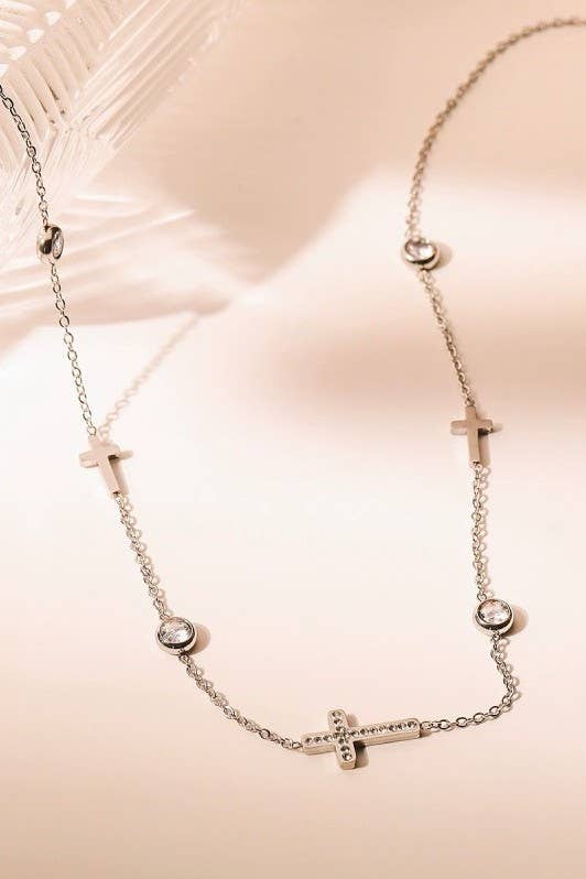 Rhinestone Cross and Circular Charm Station Necklace