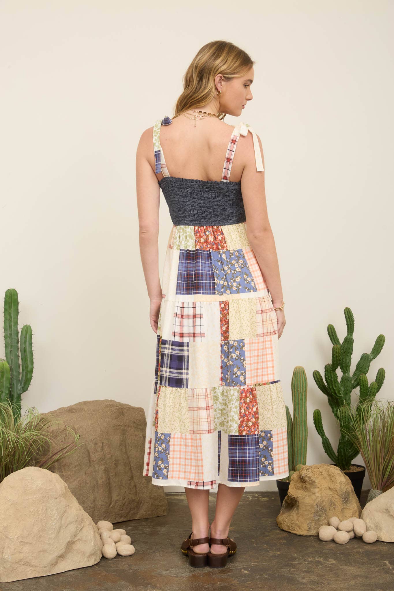 Smocked Denim Patchwork Tiered Maxi Dress