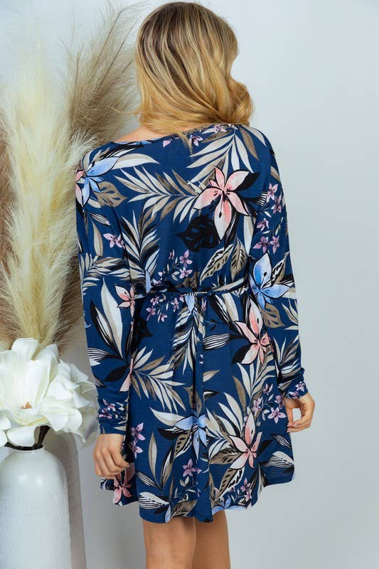 Long Sleeve Floral Print Knit Dress, Navy Haven Hive Boutique Long Sleeve Floral Print Knit Dress, Navy Haven Hive Boutique