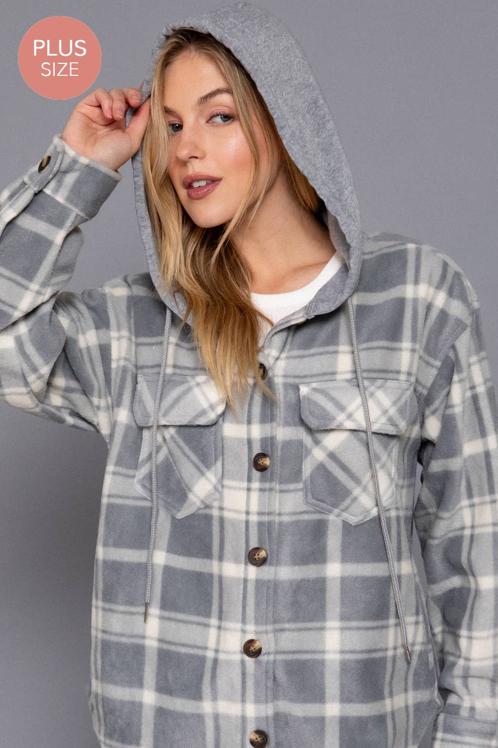 Gray Plaid Button Down with Hoodie Fleece Jacket (Plus)