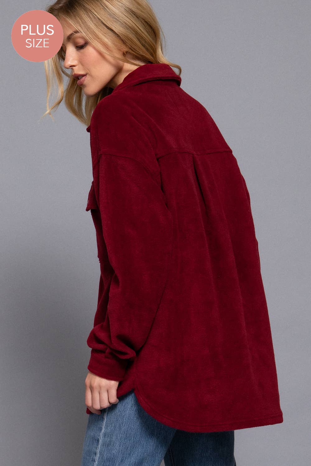 Wine Notched Collar Front Pocket Fleece Jacket (Plus)