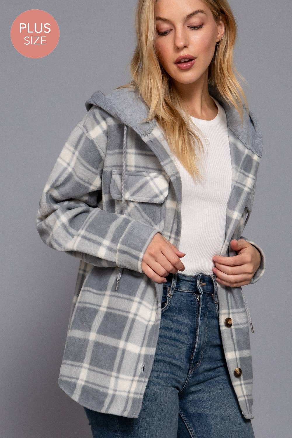 Gray Plaid Button Down with Hoodie Fleece Jacket (Plus)