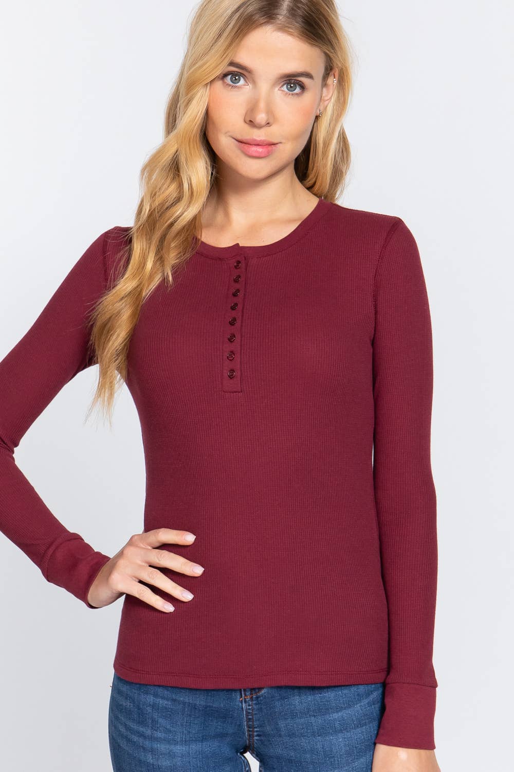 Long Sleeve Henley Thermal Knit Top
