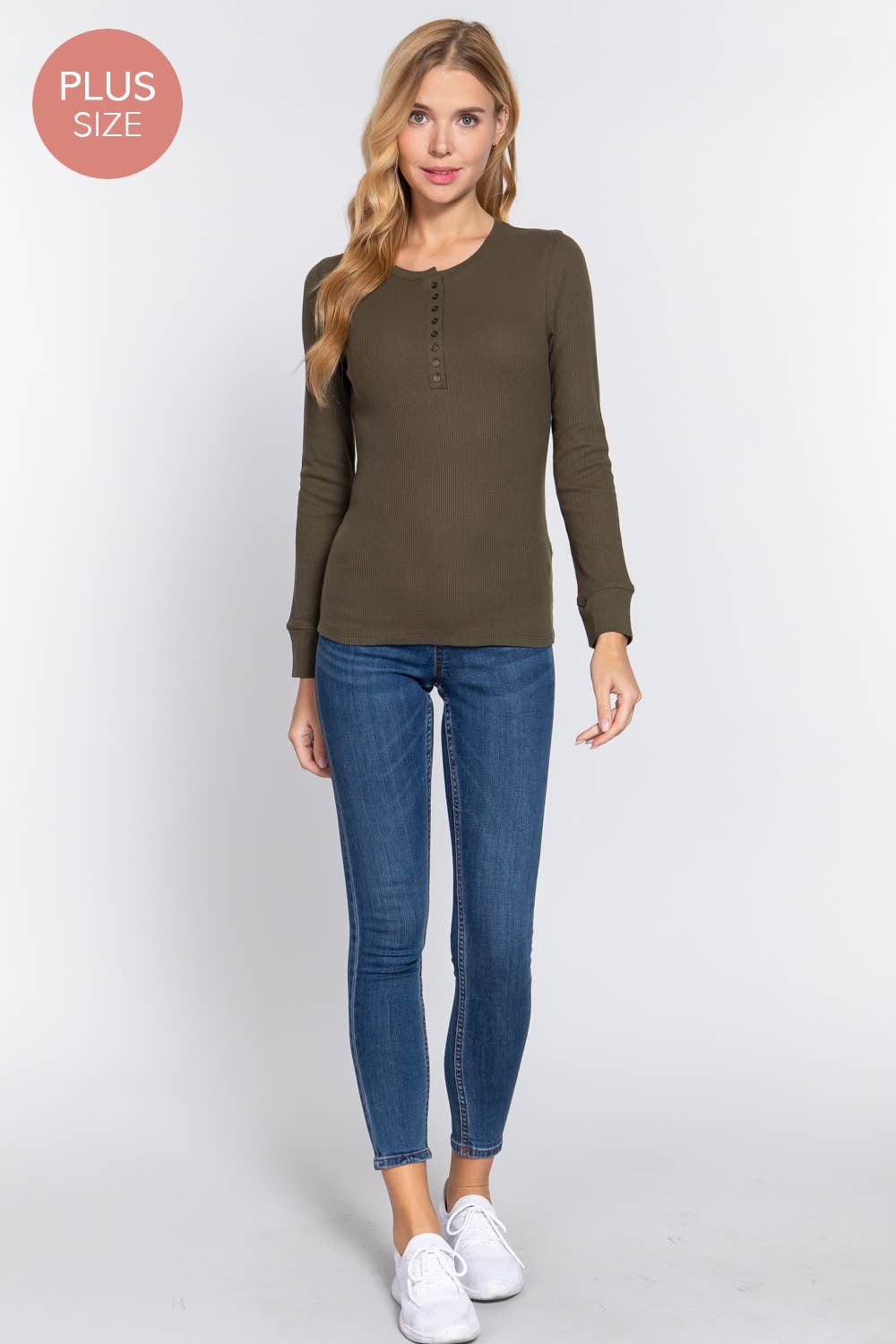 [PLUS SIZE] Long Sleeve Henley Thermal Knit Top
