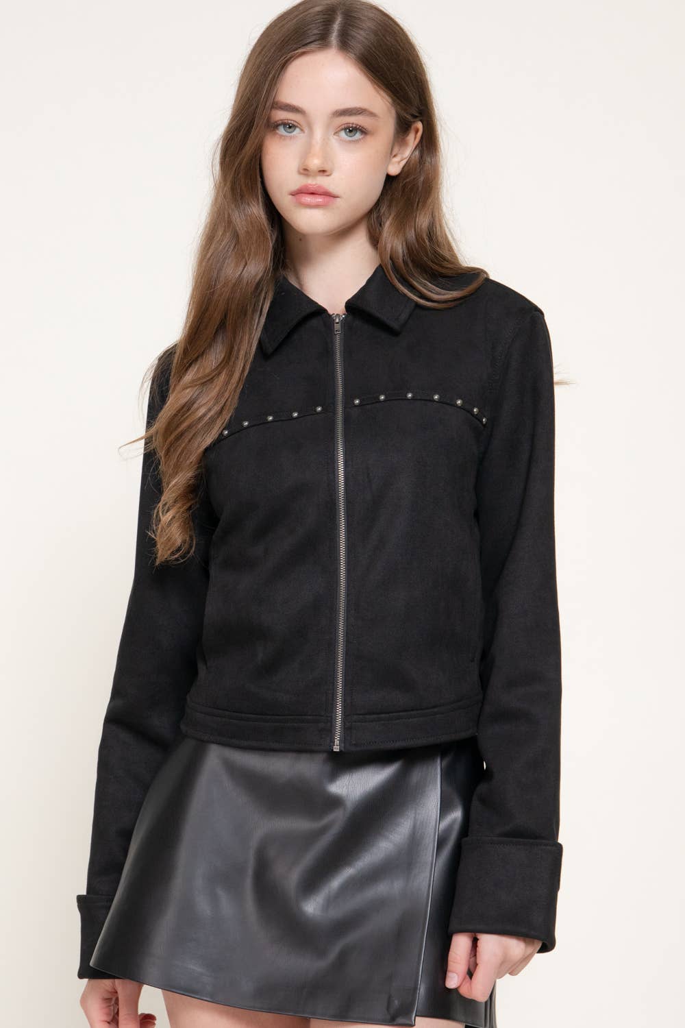 Long Sleeve Faux Suede Jacket with Stud Detail