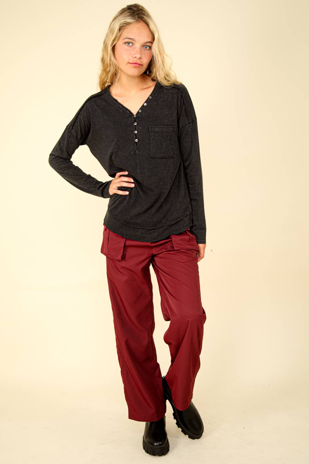 Mineral Washed Cotton Comfy Knit Top, Mauve