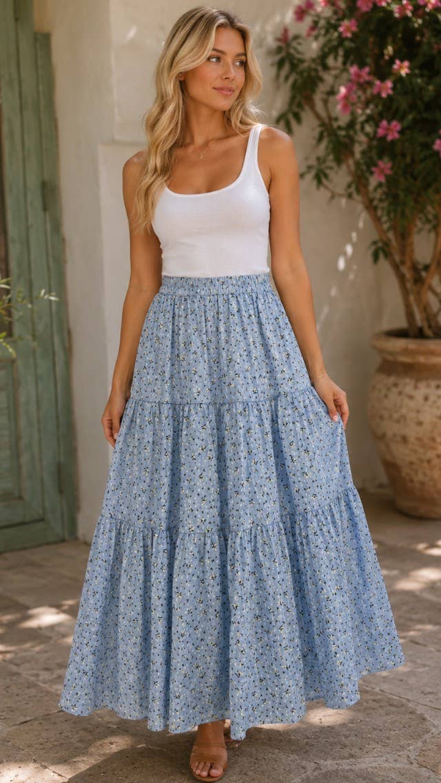 Blue Floral Midi Skirt