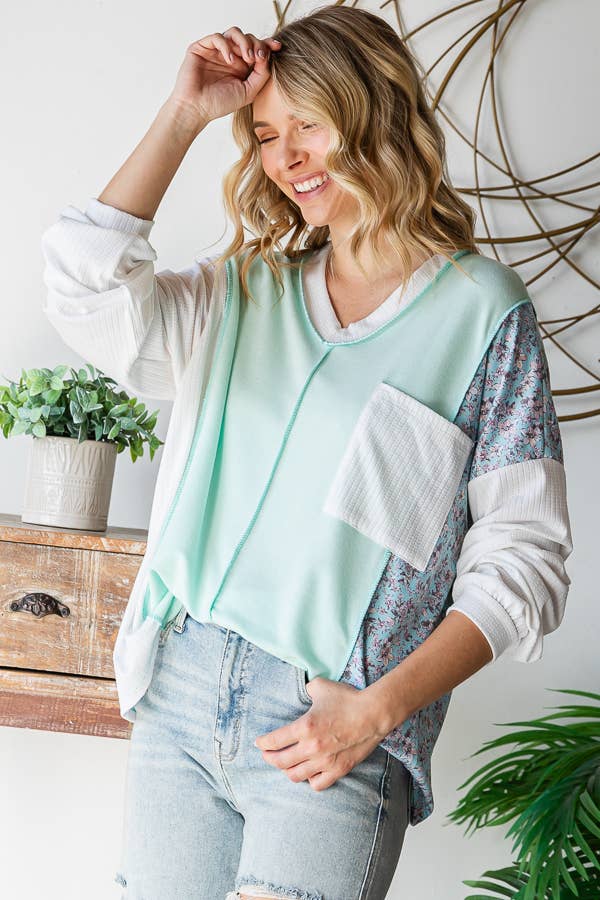 Floral Patchwork Panel Front Pocket V Neck Pullover Top