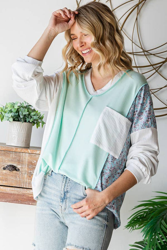 Floral Patchwork Panel Front Pocket V Neck Pullover Top