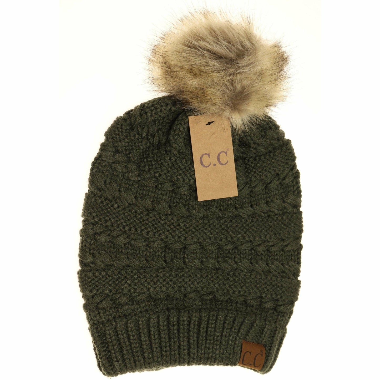 Whipstitch Knit Faux Fur Pom Beanie (2 Colors)