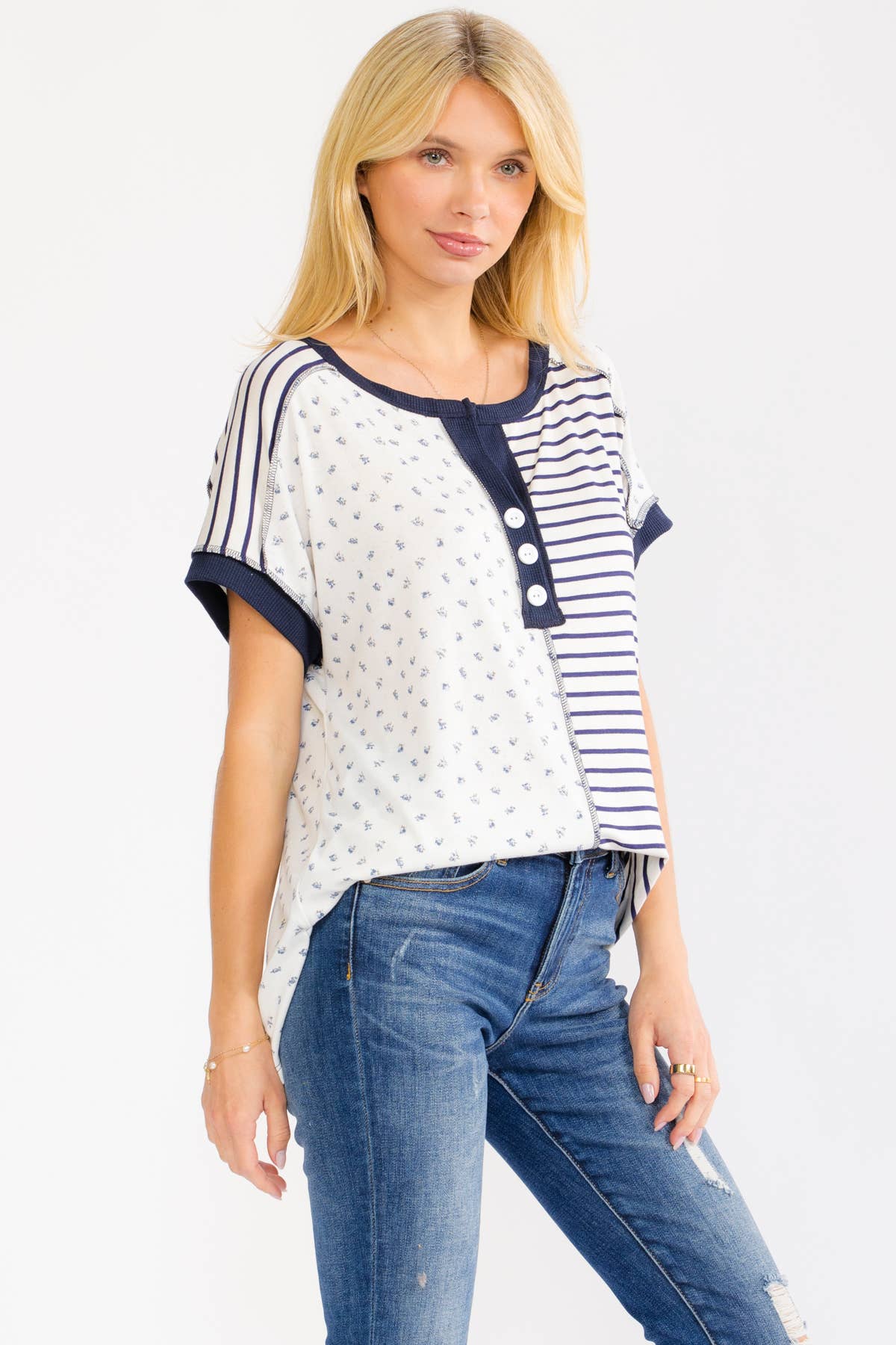 Mixed Print Contrast Henley Top