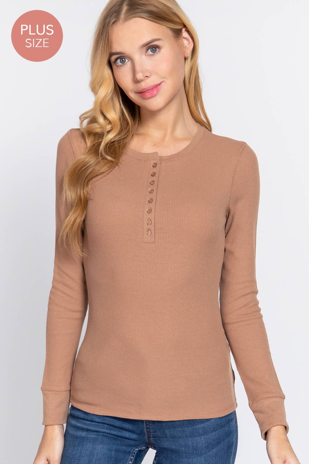 [PLUS SIZE] Long Sleeve Henley Thermal Knit Top