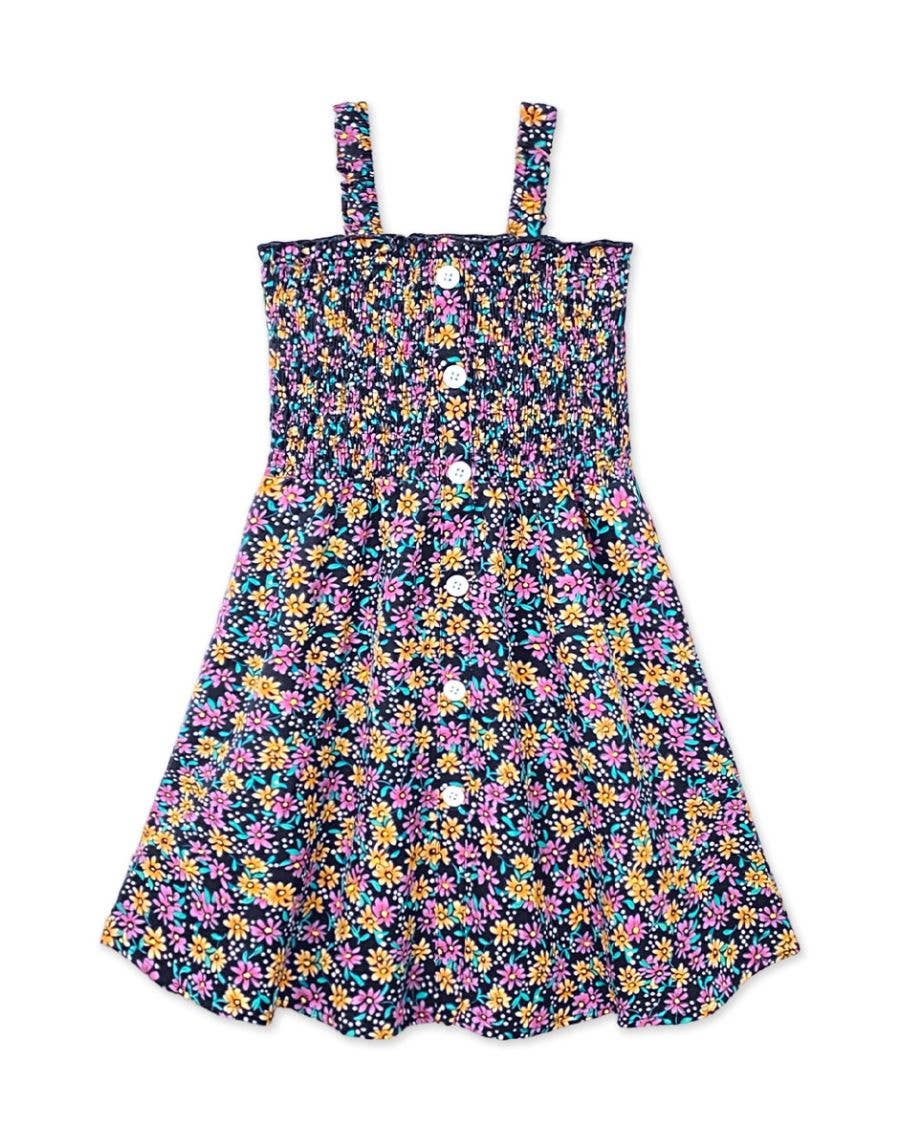 Girl's Black Multi Floral Smocked Dress