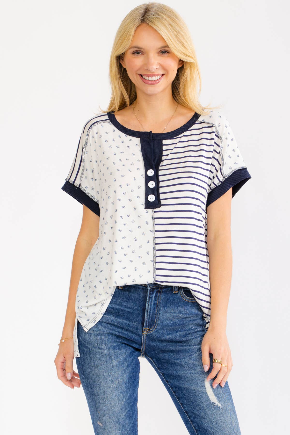 Mixed Print Contrast Henley Top