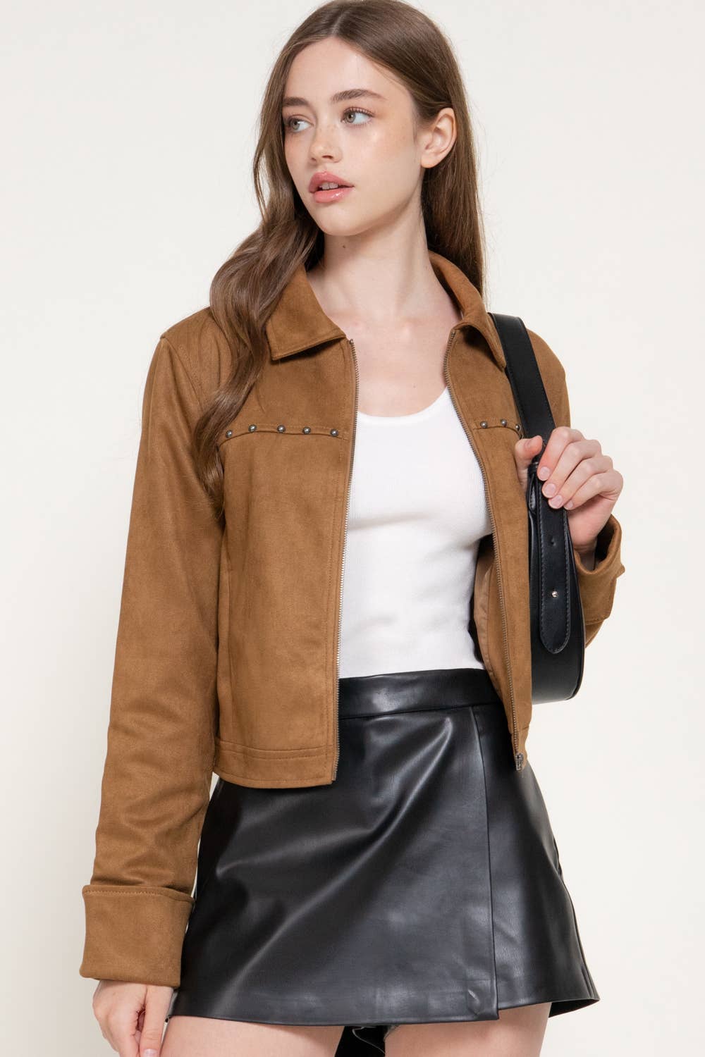 Long Sleeve Faux Suede Jacket with Stud Detail