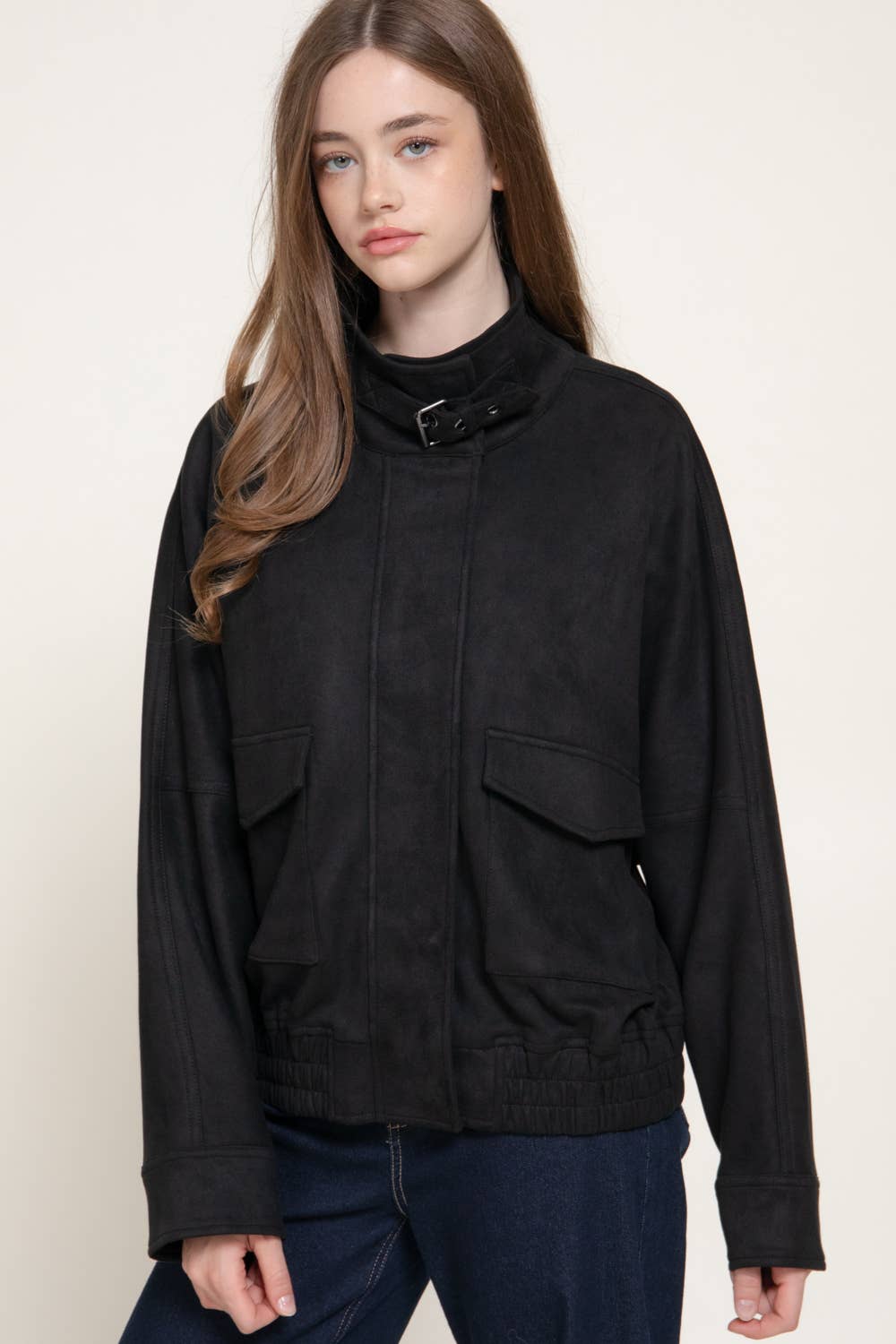 High Neck with Tab Front Patch Pocket Faux Suede Jacket