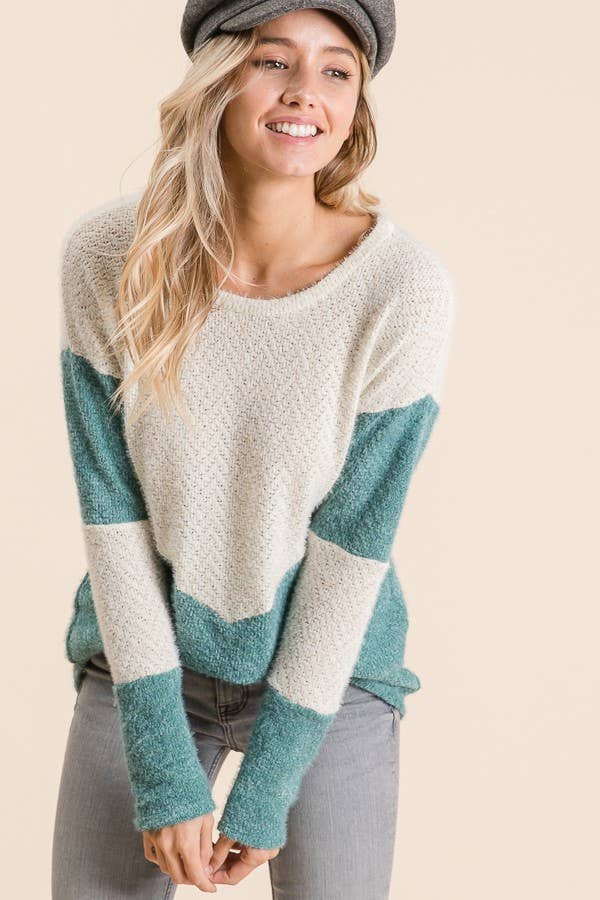 Teal Fuzzy Angora Knit Colorblock Sweater