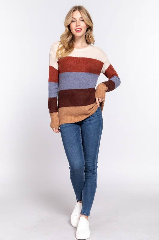 Rust Crew Neck ColorBlock Sweater