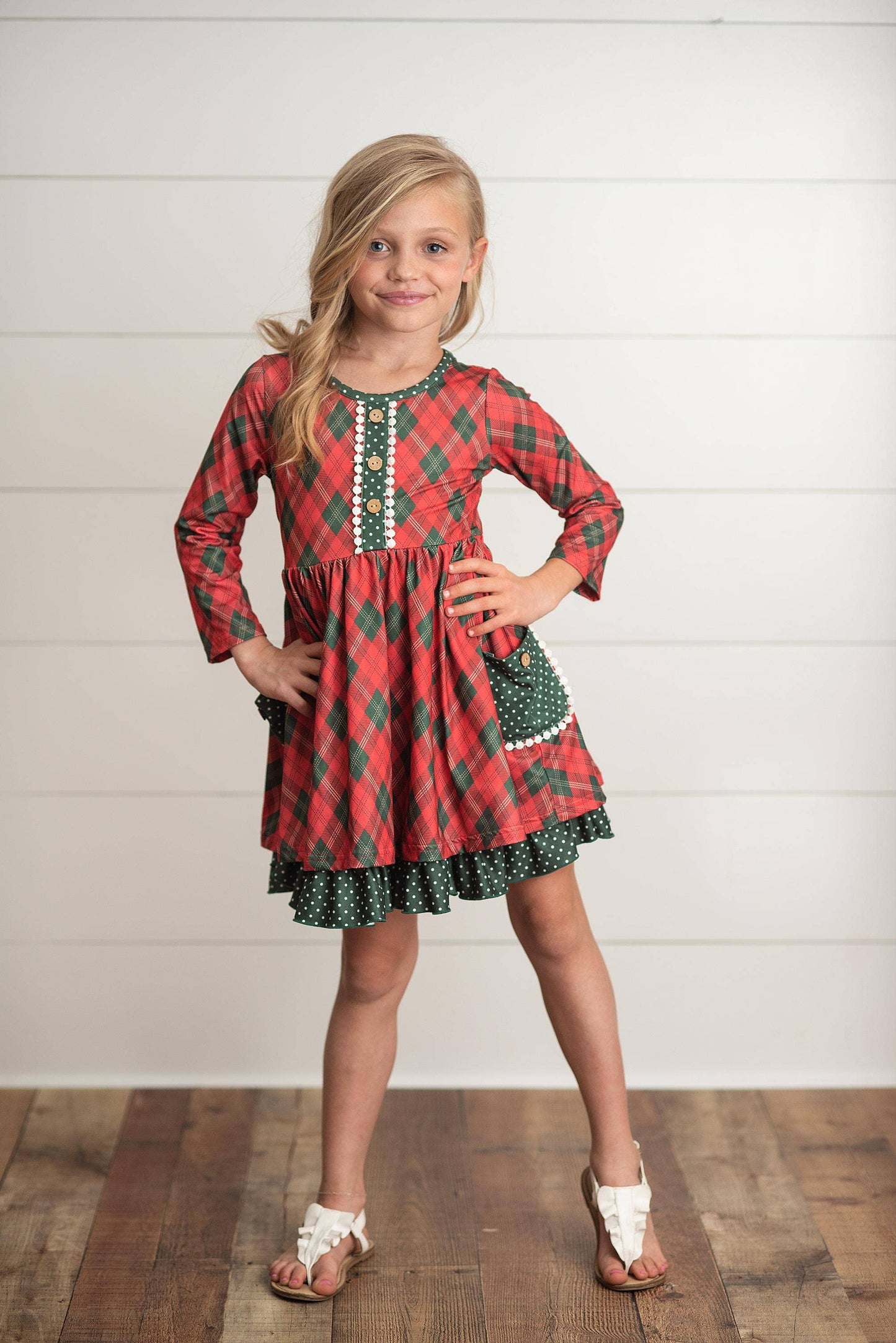 Kids Red Green Plaid Ruffle Button Holiday Christmas Dress